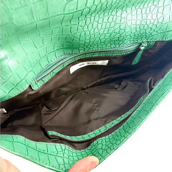 Nine West Emerald Green Crocodile-Embossed Leather Clutch with Silver Hardware - Picture 6 of 13